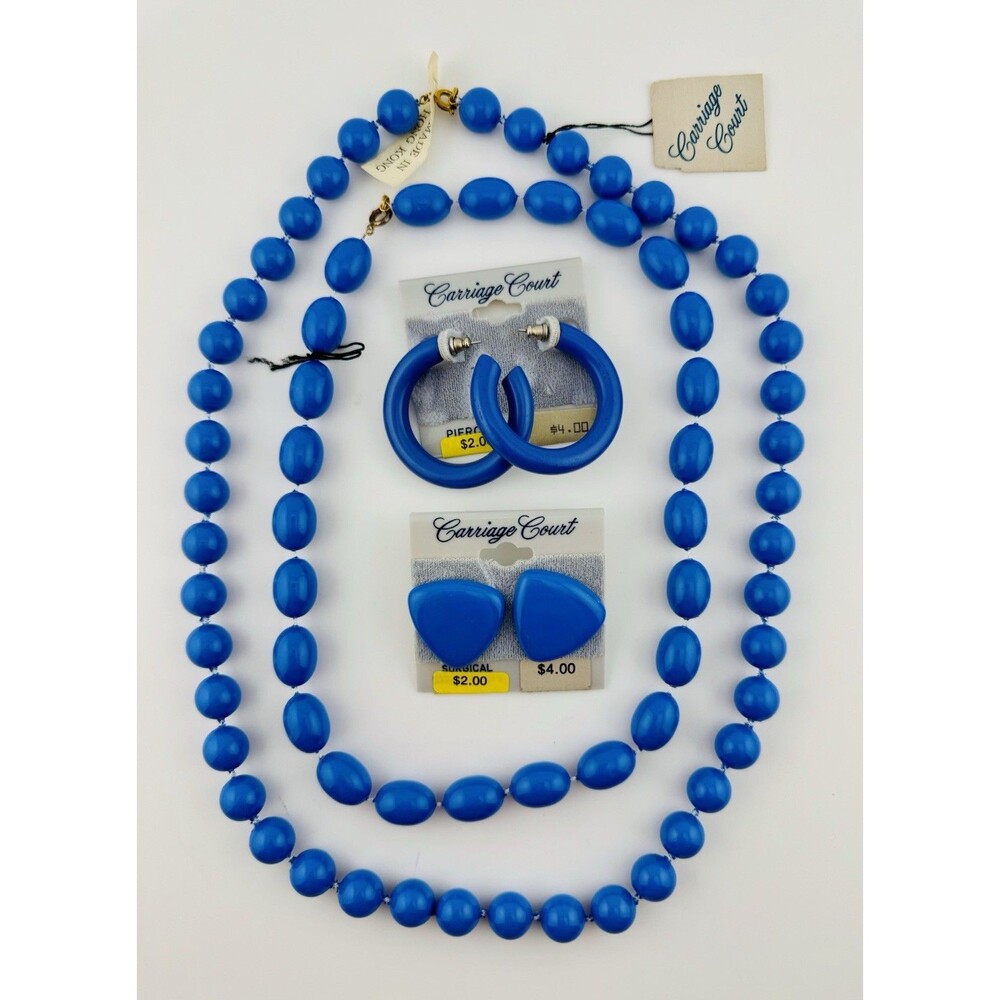 Vintage Carriage Court Jewelry Set Blue Bead Necklaces 24” 18”Hoop Earrings Post